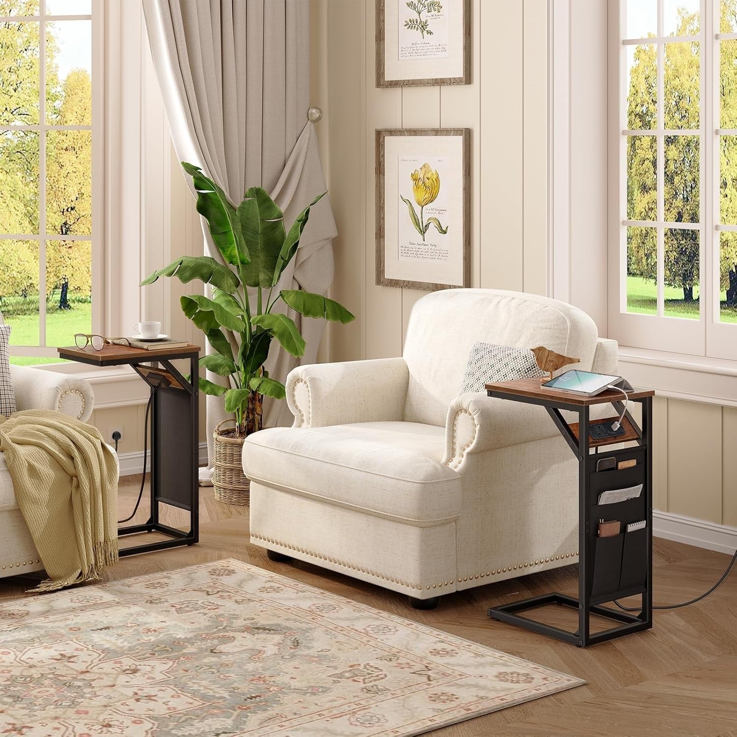 C Shaped Side Table with USB Charging, Storage Bag, Sofa Bed Laptop Stand