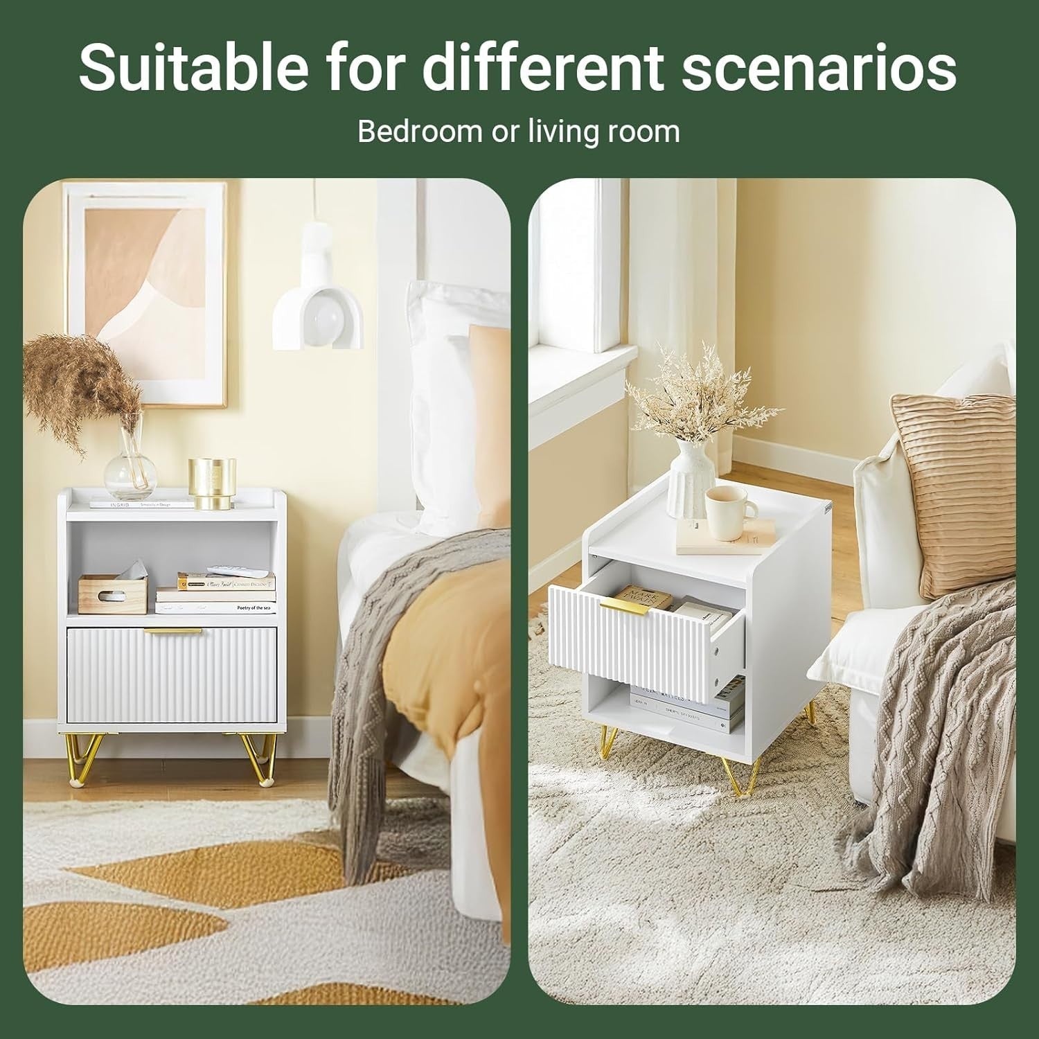 White Bedside Table with Drawer & Shelf – Modern Gold Leg Nightstand