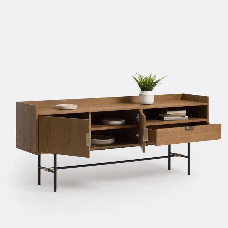 Vintage Walnut Sideboard with Drawer & Doors – Black Steel Legs 180cm