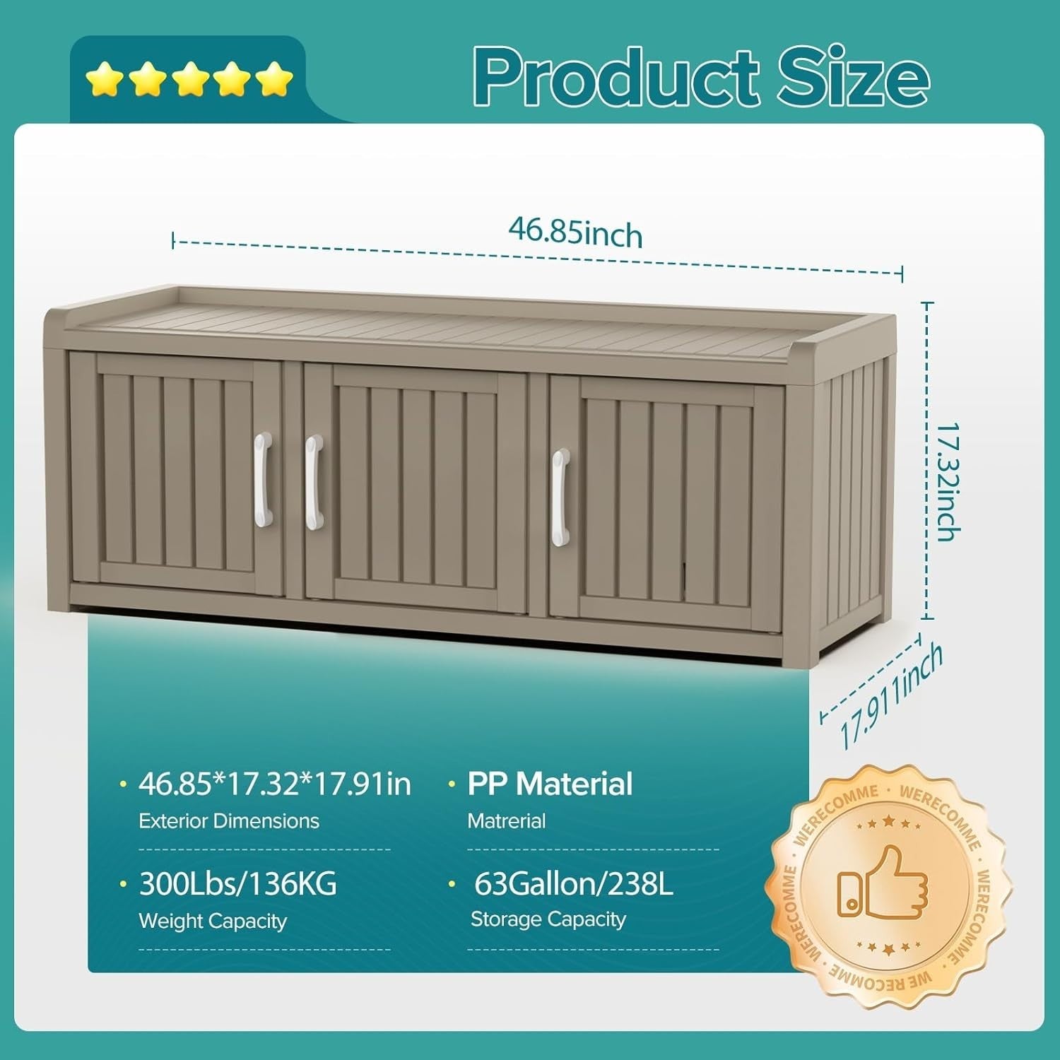 Large 3-Door Waterproof Shoe Cabinet Bench Indoor Outdoor 119x44x45.5cm