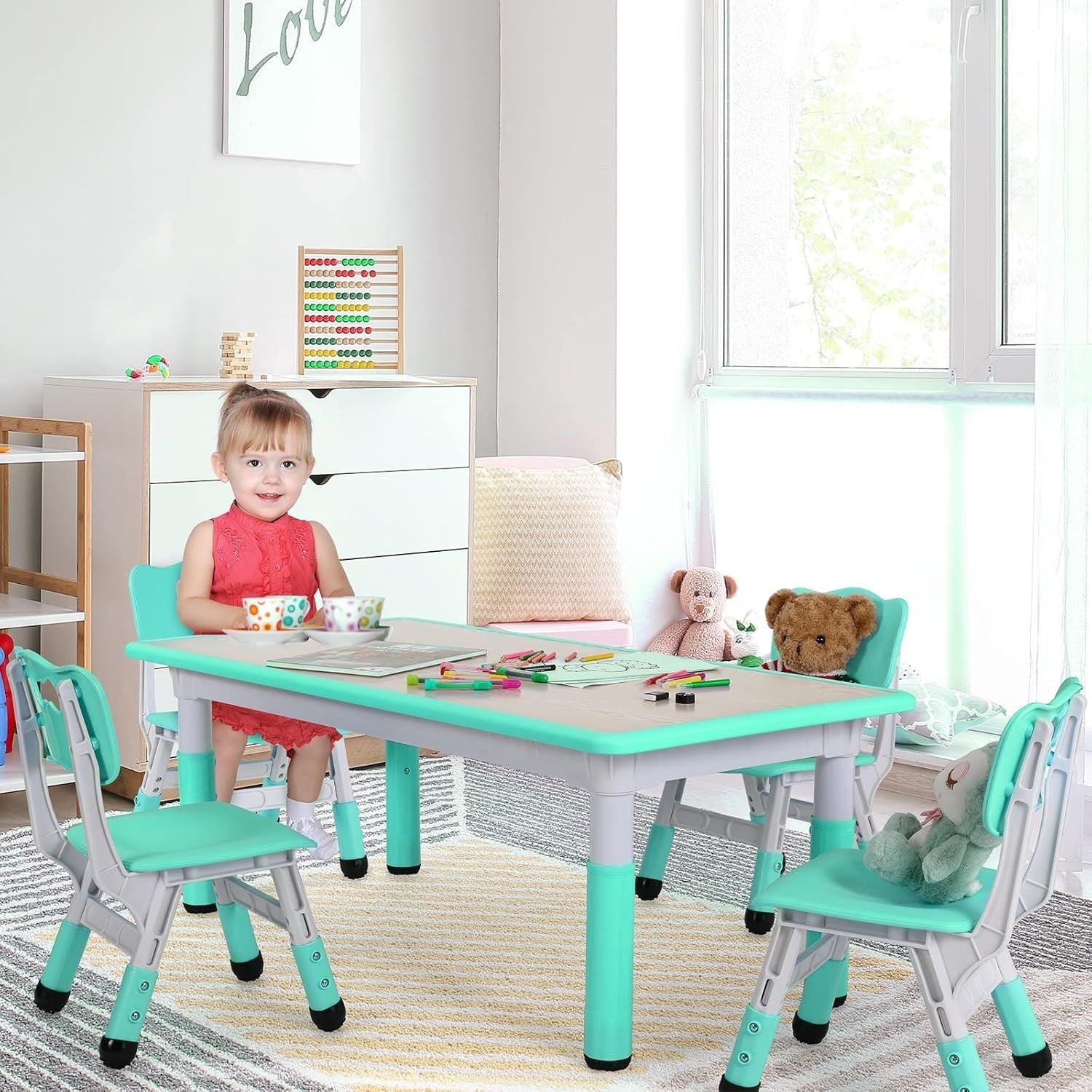 Height Adjustable Kids Table & 4 Chairs Set, Safe Plastic, 120x60cm Green