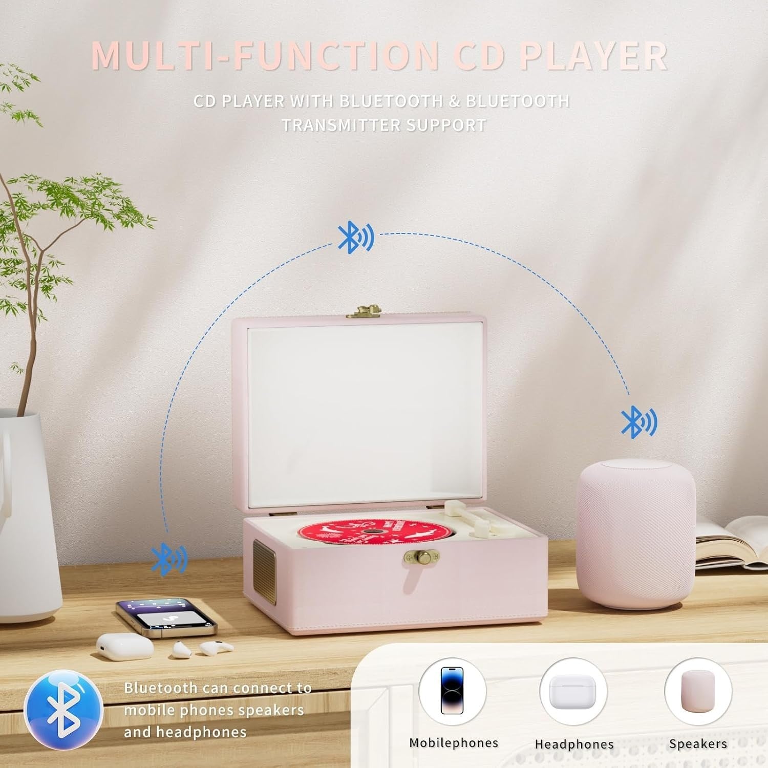 Portable Bluetooth CD Player Music Box w Speakers Rechargeable Pink