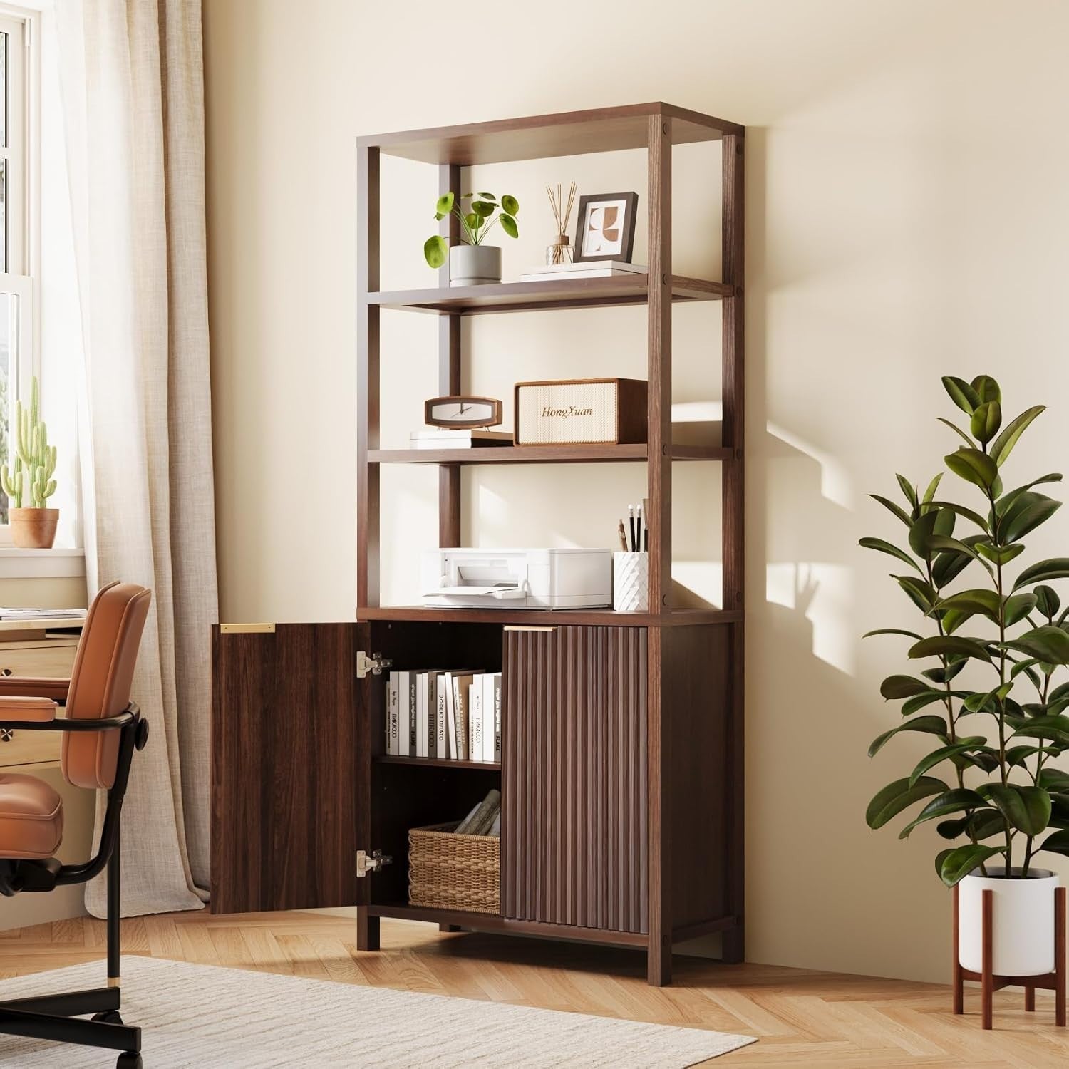 6 Tier Bookcase with Doors Fluted Panel Bookshelf Adjustable Storage Cabinet