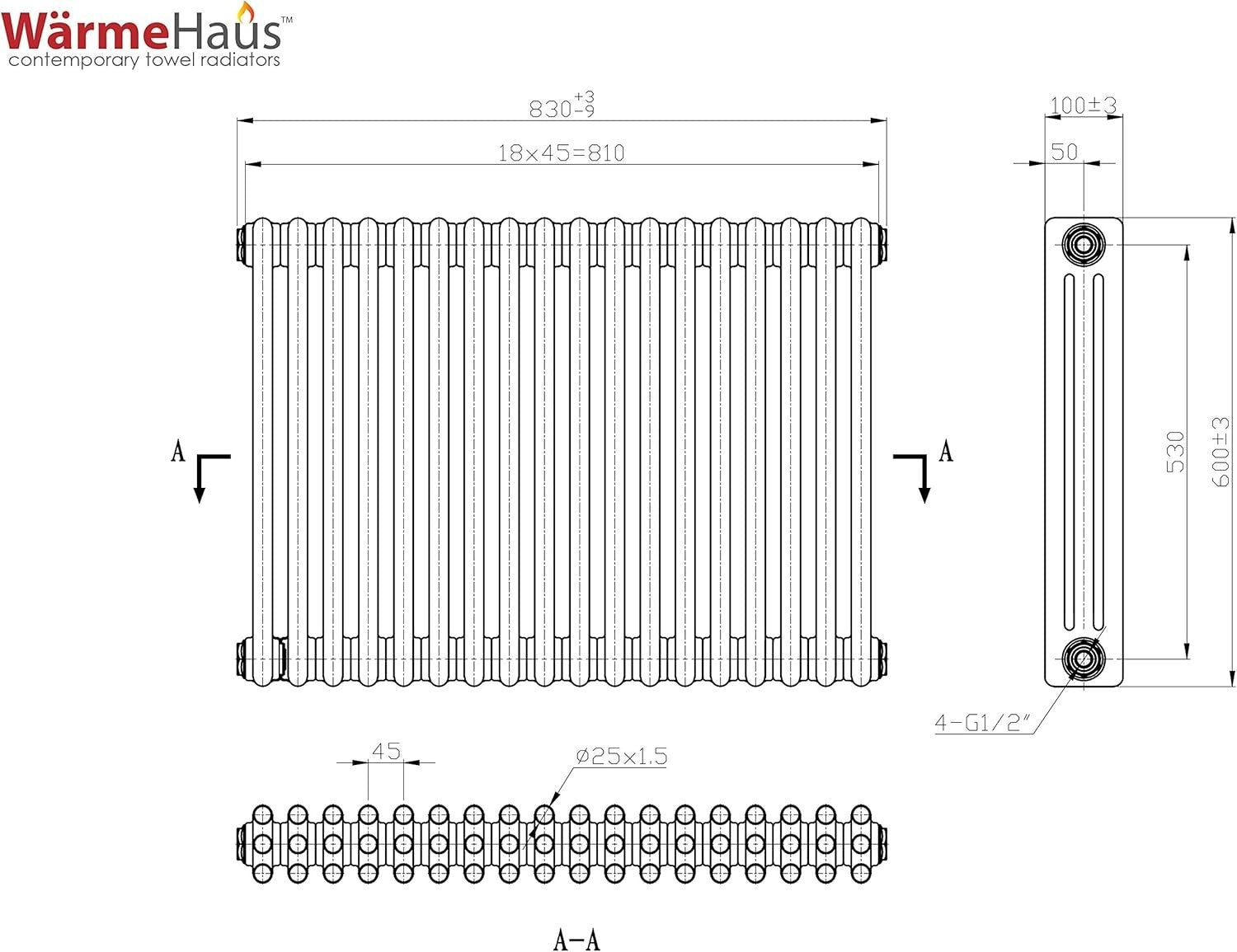 Triple Column Horizontal Radiator 600x830mm White Cast Iron Style