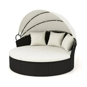 Outdoor Patio Rattan Round Daybed Sun Lounger w/ Retractable Canopy Cushions