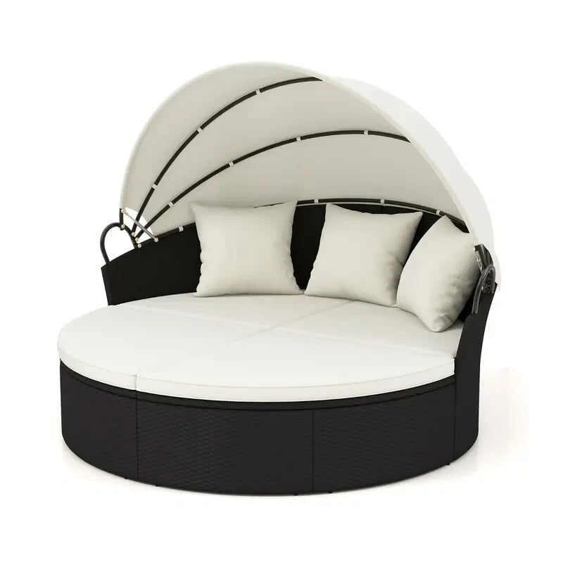 Outdoor Patio Rattan Round Daybed Sun Lounger w/ Retractable Canopy Cushions