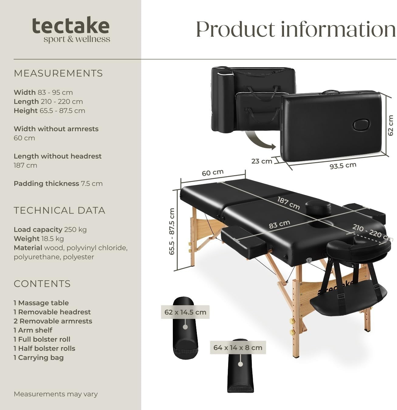 Portable Massage Table Foldable Beech Frame 7.5cm Padded Beauty Bed Black
