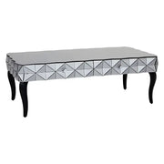 Luxury Mirrored 3D Glass Coffee Table – Silver Top with Black Wood Legs