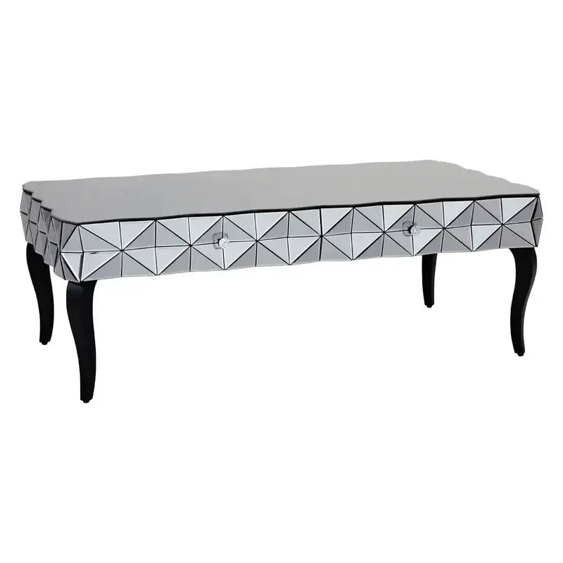 Luxury Mirrored 3D Glass Coffee Table – Silver Top with Black Wood Legs