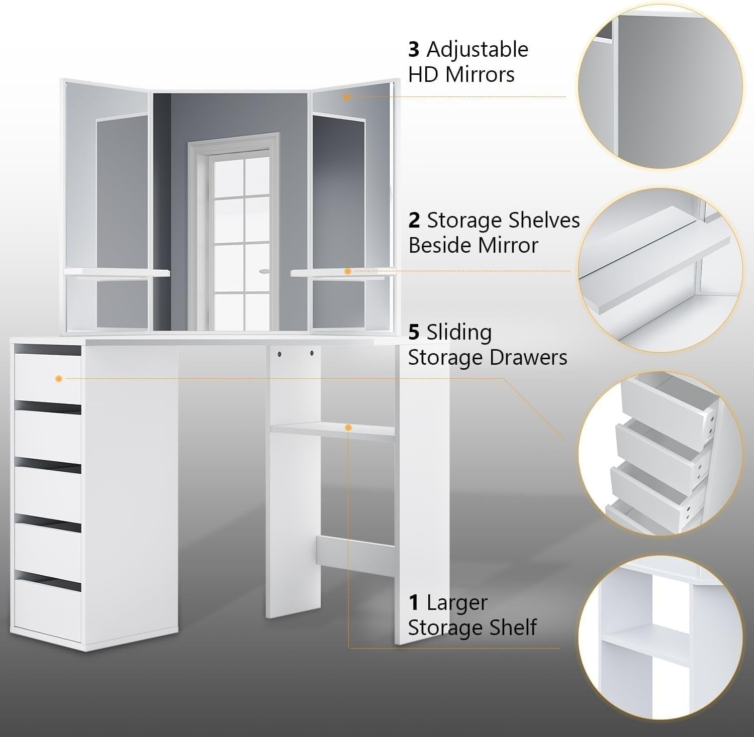 Corner Dressing Table Vanity Desk with Mirror 5 Drawers Storage White Wood Makeu