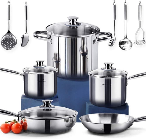 14Pcs Nickel-Free Stainless Steel Cookware Set with Glass Lids & Utensils