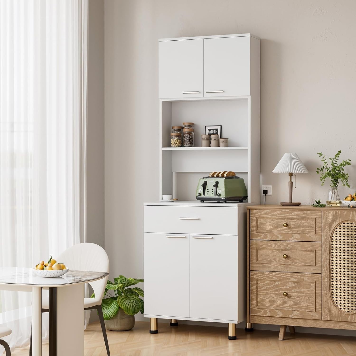 White 180cm Tall Kitchen Cupboard 2 Doors 1 Drawer Storage Sideboard