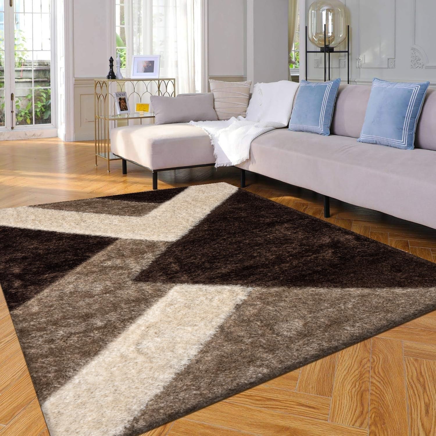 Brown Beige Shaggy Rug 120x170cm Soft Non Shed Modern Living Room Carpet