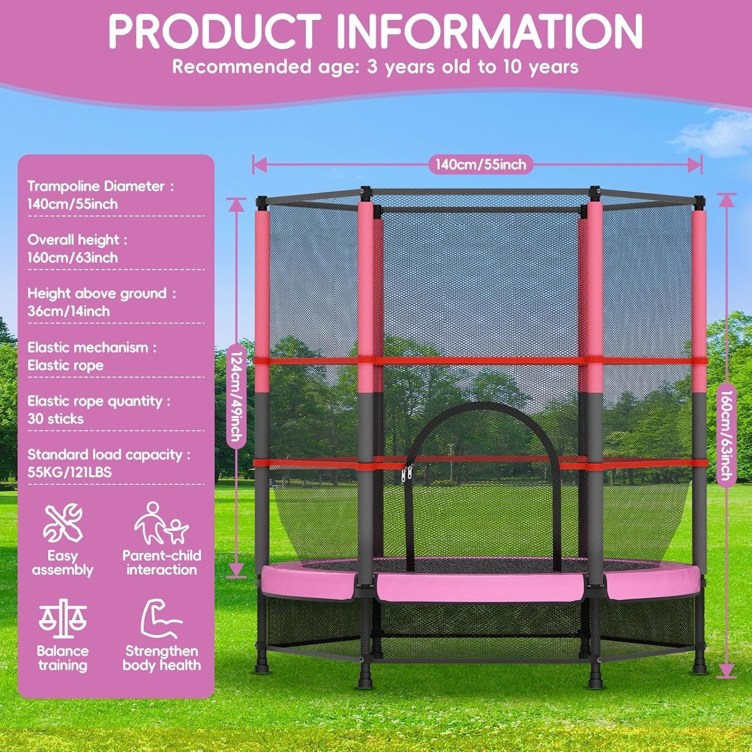 Pink Kids Trampoline 140cm Safety Net Indoor Outdoor Ages 3–10