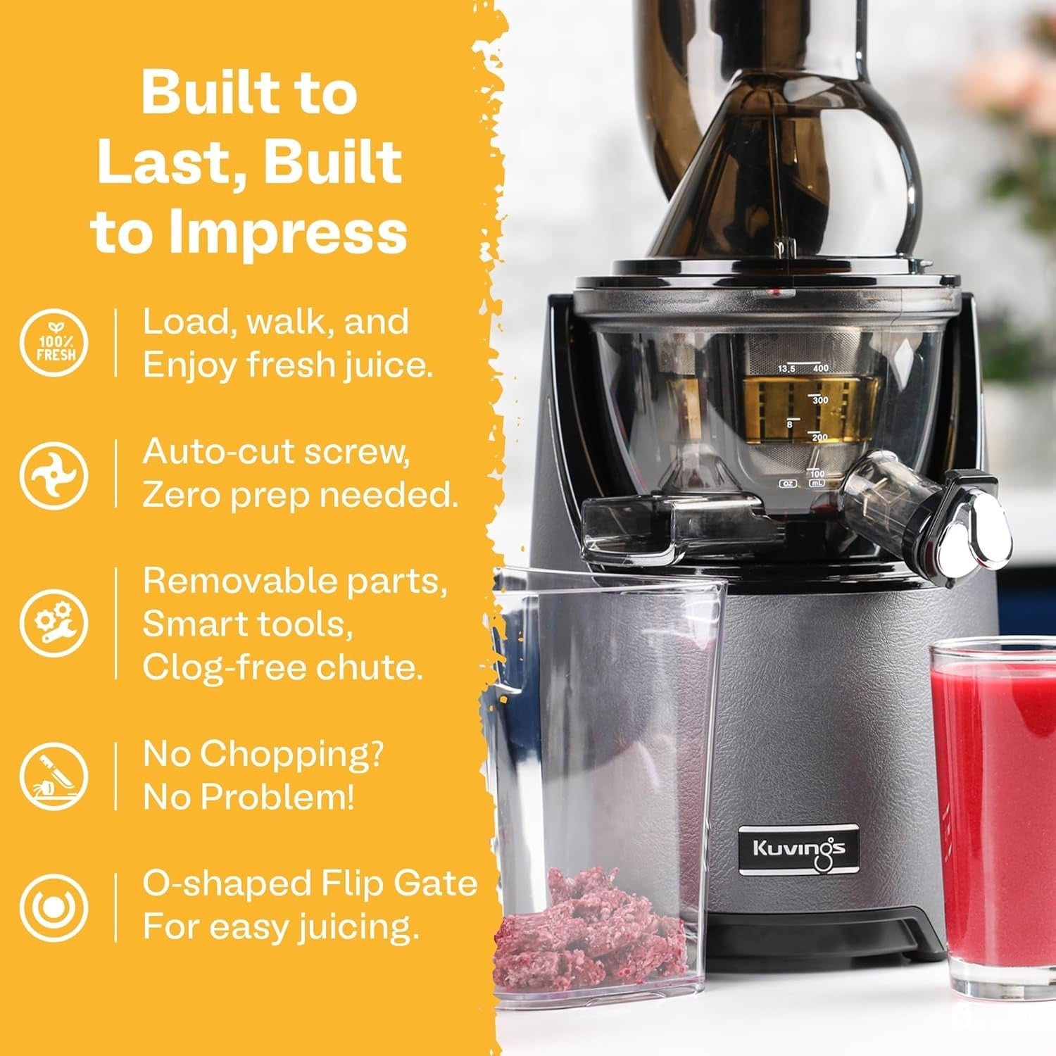 Whole Slow Juicer Cold Press 82mm Feed Chute Auto Hopper Quiet Motor