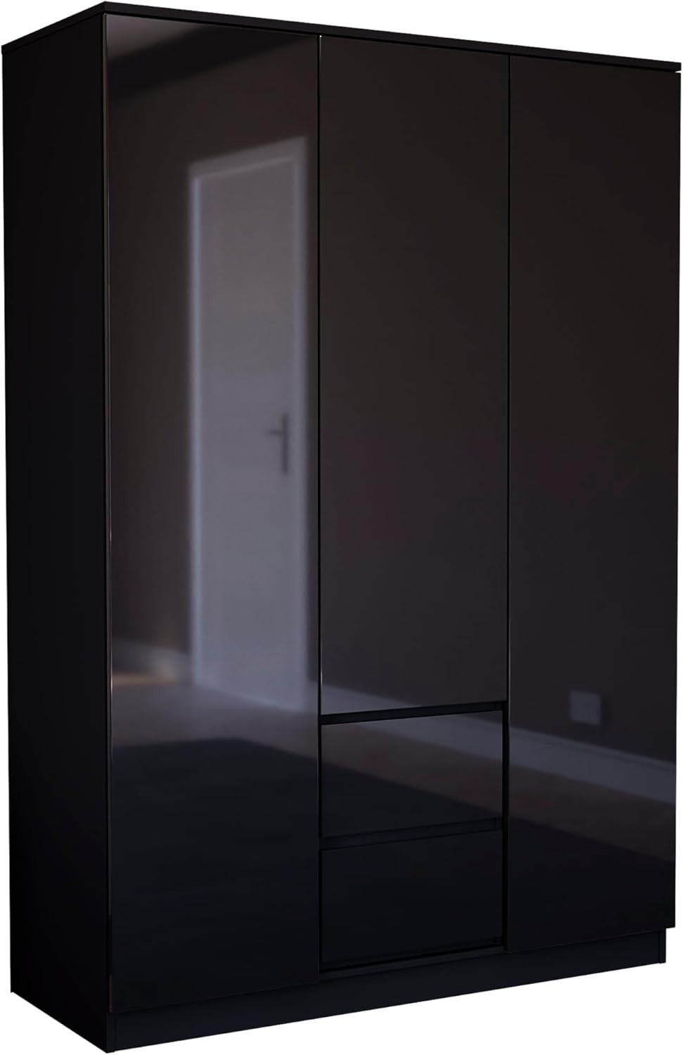 High Gloss Black 3 Door Wardrobe with 2 Drawers - Modern Bedroom Storage