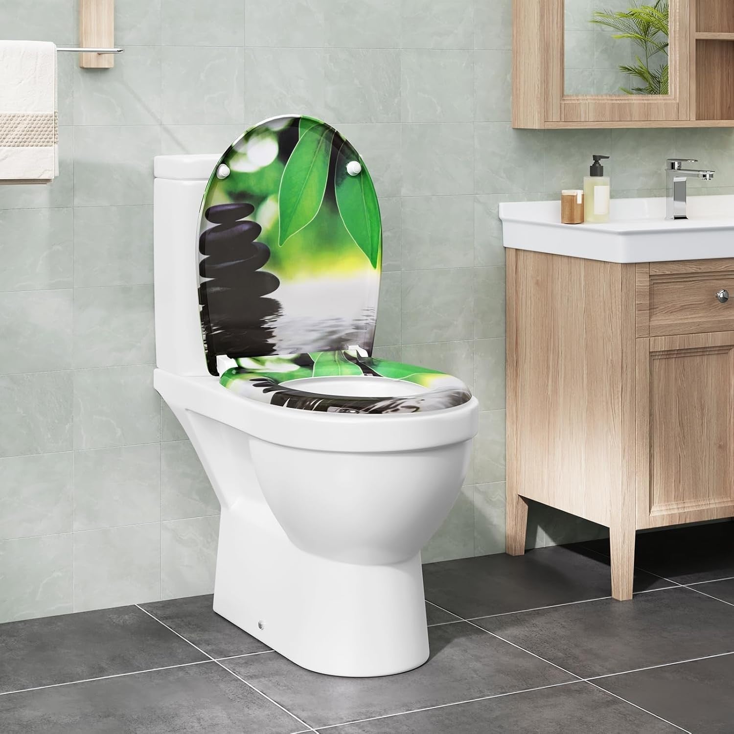 Soft Close O-Shaped Toilet Seat Quick Release Duroplast Green Leaves Print