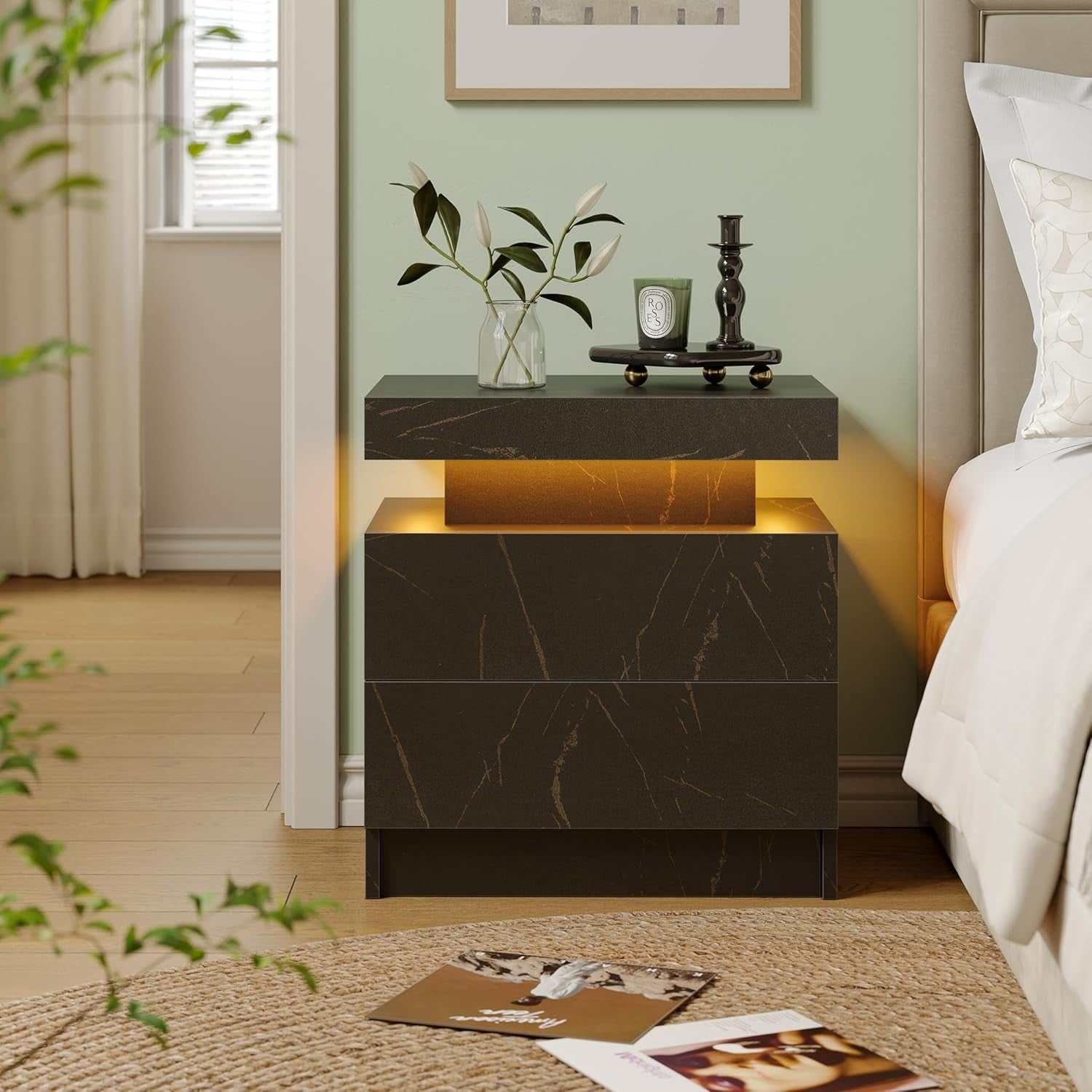 Modern Black Gold LED Bedside Table with Drawers – Luxury RGB Light Nightstand