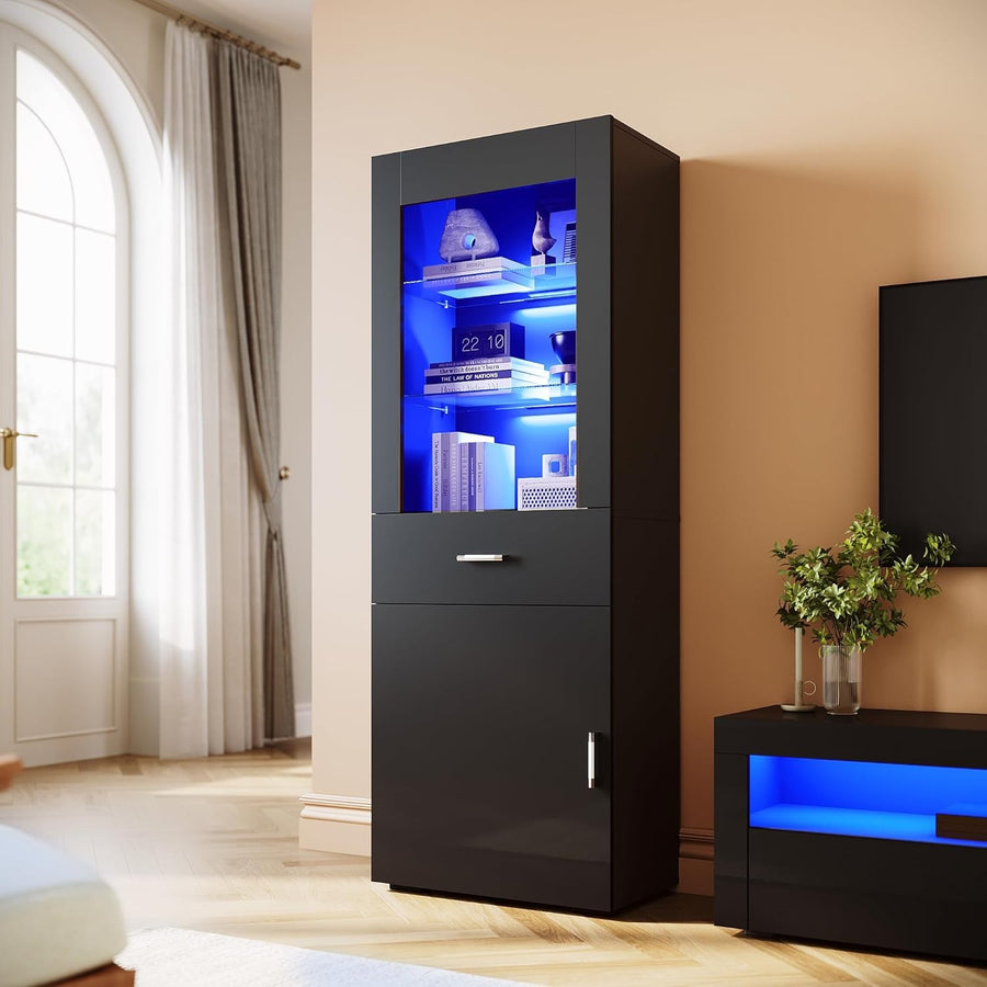 Tall Black Gloss LED Display Cabinet with Drawer & 5 Shelves Modern Storage Unit