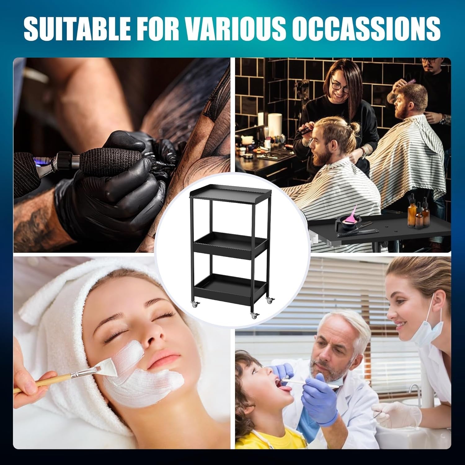 3 Tier Tattoo Trolley Rolling Salon Cart Storage Shelves with Locking Wheels