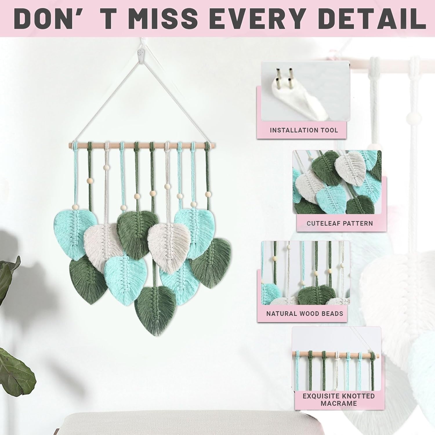 Blue Boho Macrame Leaf Wall Hanging 40x80cm Cotton Tapestry