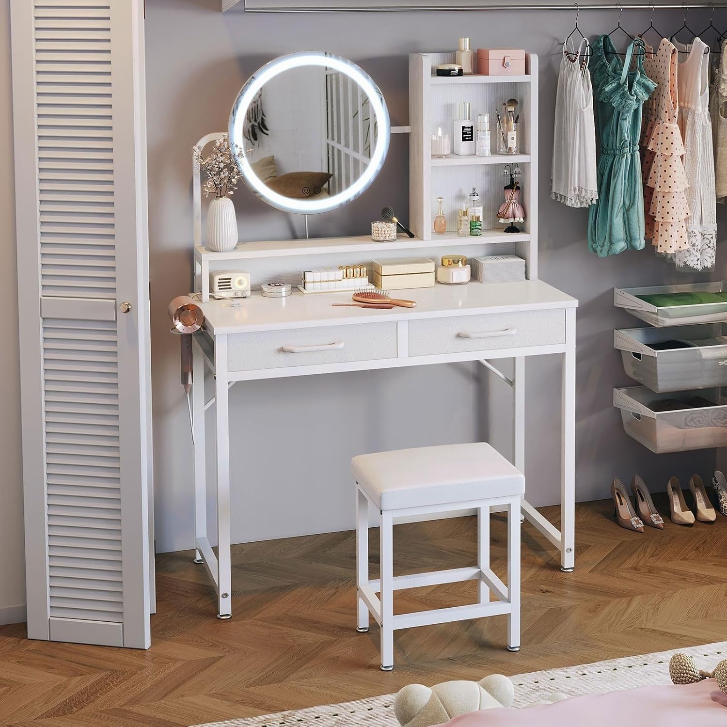 White Vanity Dressing Table Makeup Desk with LED Mirror & Storage Drawers 80cm