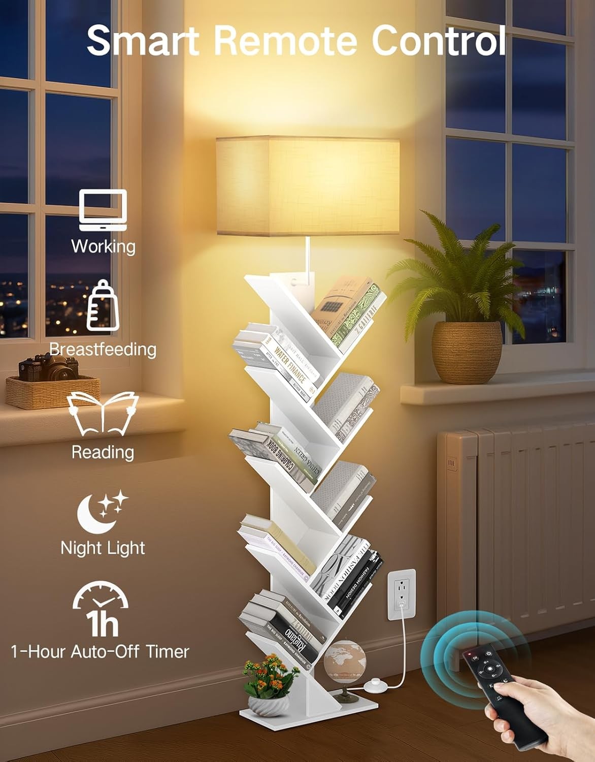 9 Tier Tree Bookshelf White Floor Lamp with Remote Light Narrow Wooden Bookcase
