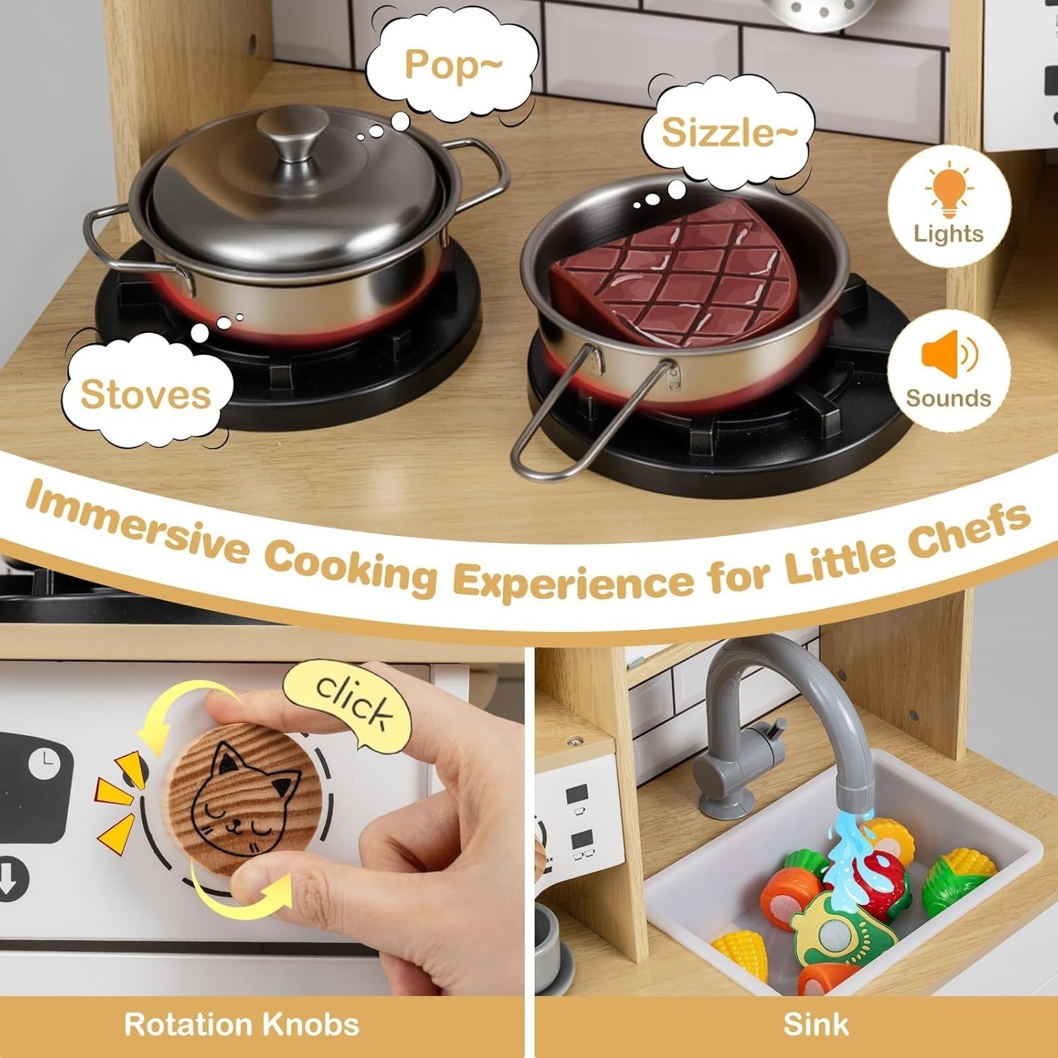 Wooden Kids Play Kitchen Lights Sounds Coffee Maker Ice Machine