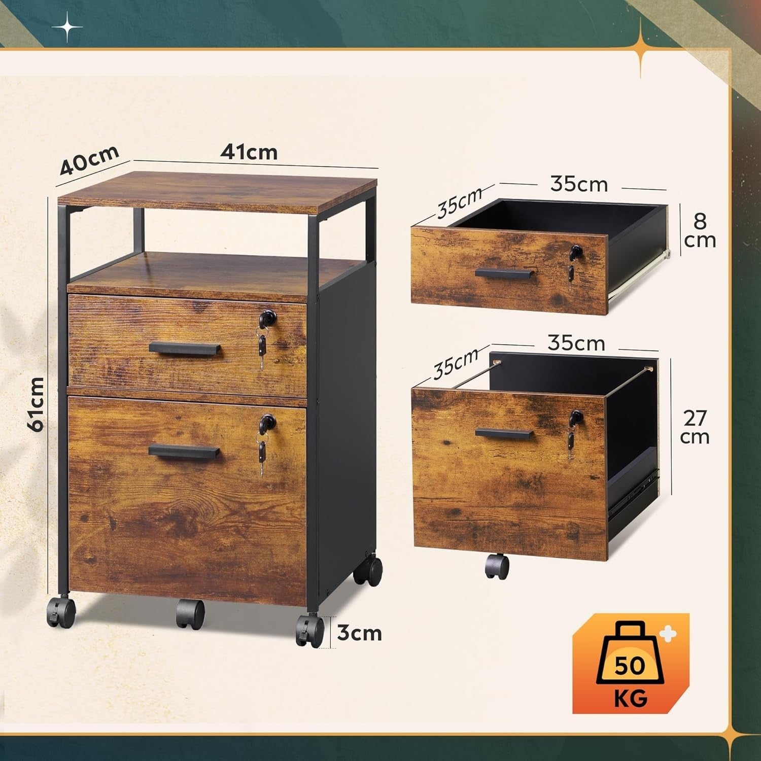 Brown 2 Drawer Mobile Filing Cabinet with Open Shelf Office Storage Lockable