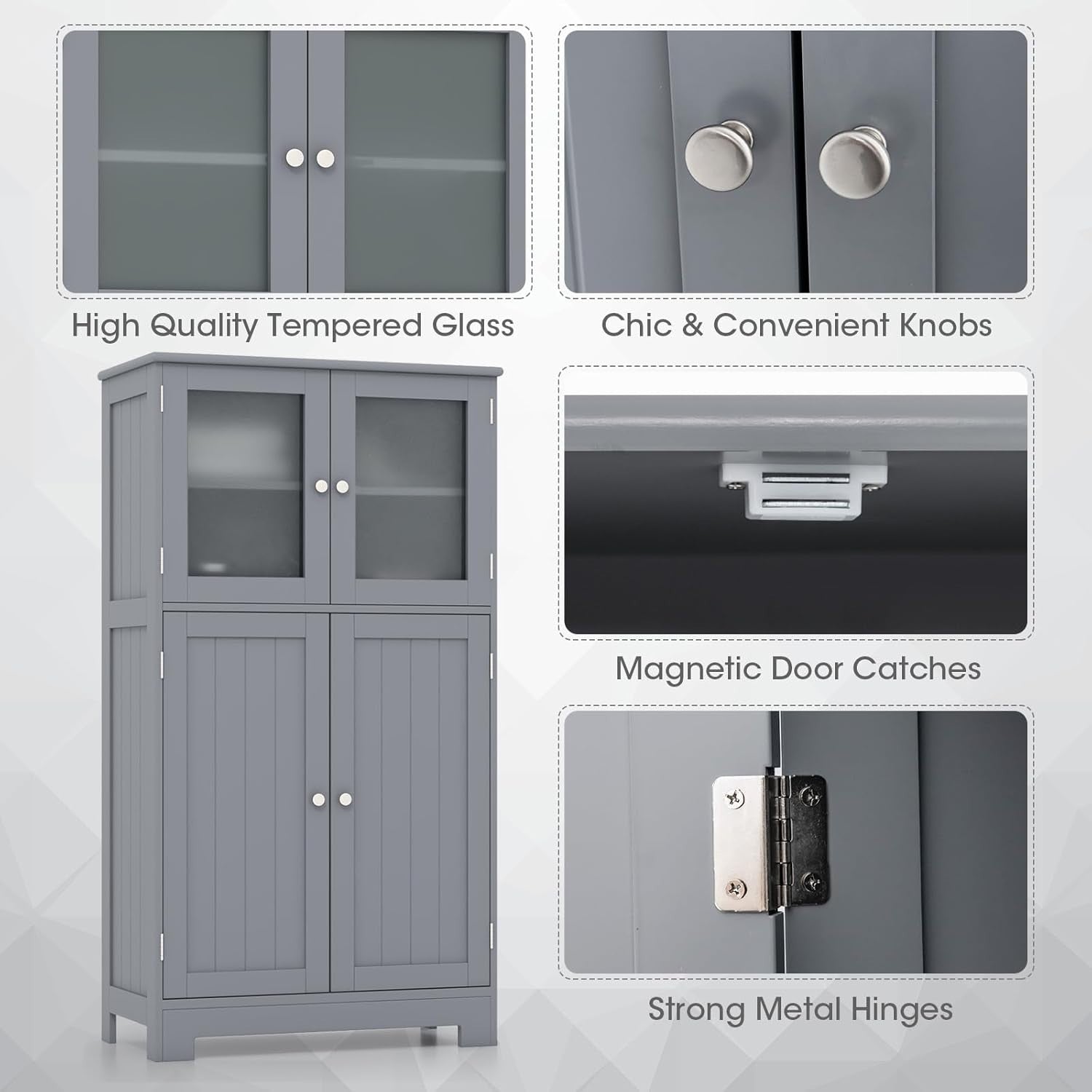 Freestanding Bathroom Floor Cabinet with Tempered Glass & Adjustable Shelves