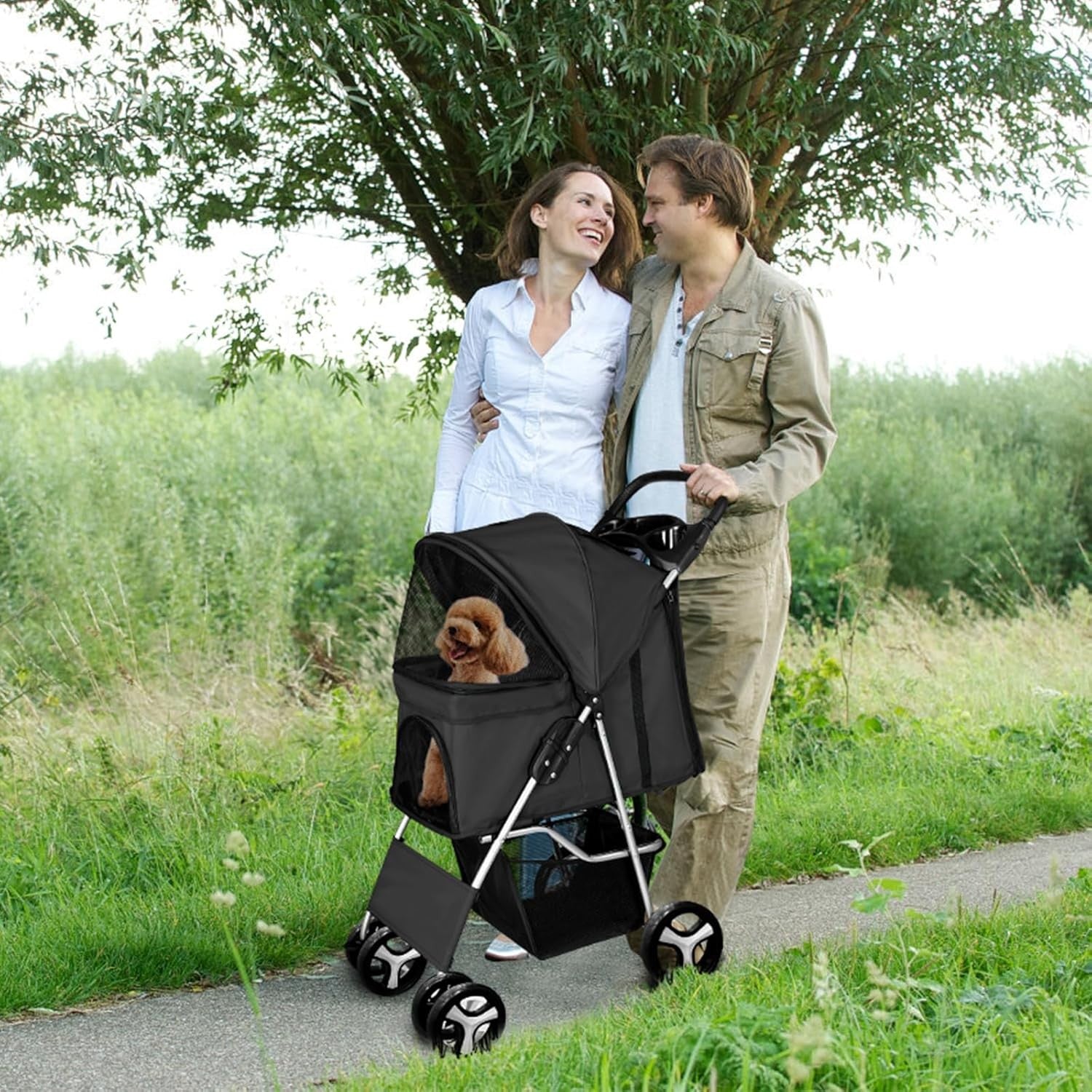 Pet Travel Stroller Dog Cat Pushchair 4 Wheel Folding Pram Jogger Black