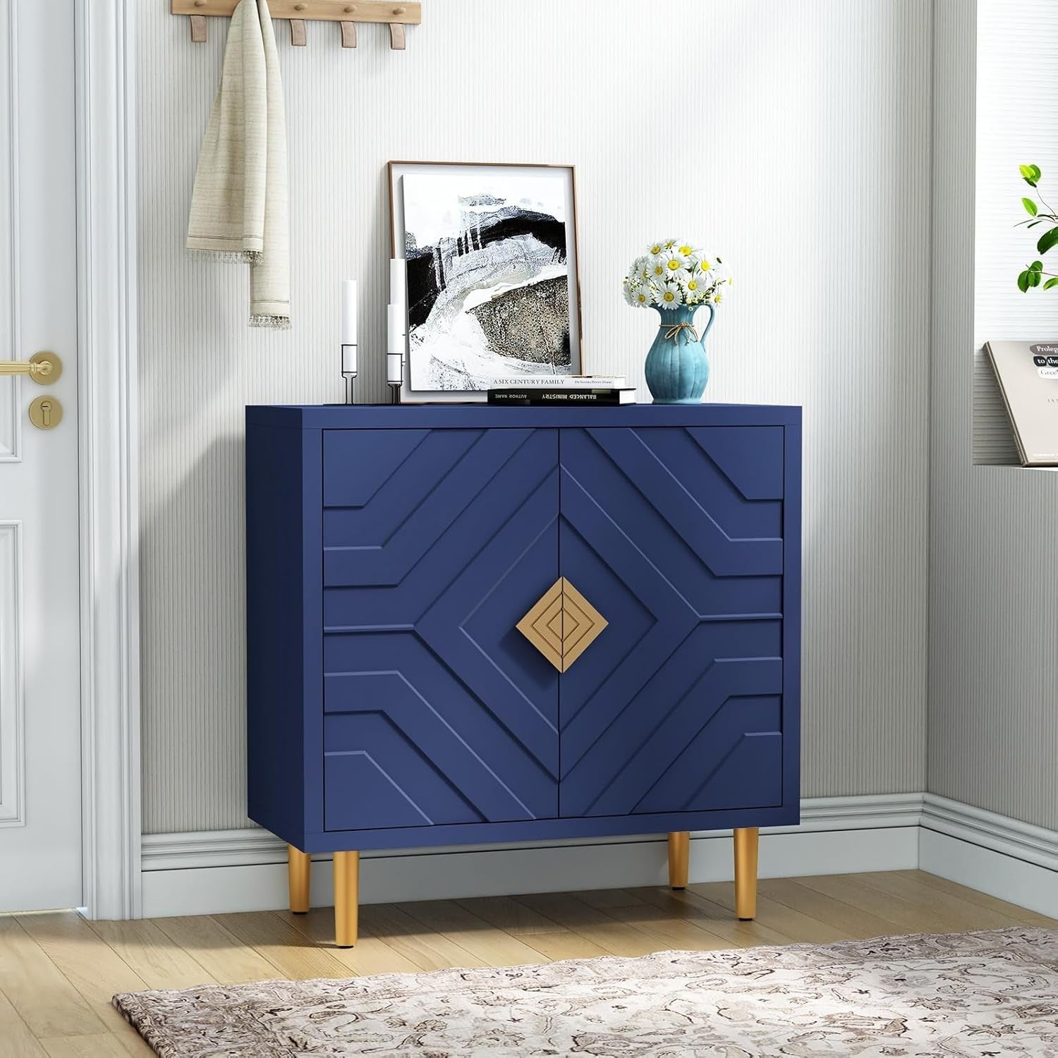 Modern 2-Door 3D Embossed Sideboard Storage Cabinet Blue with Gold Legs