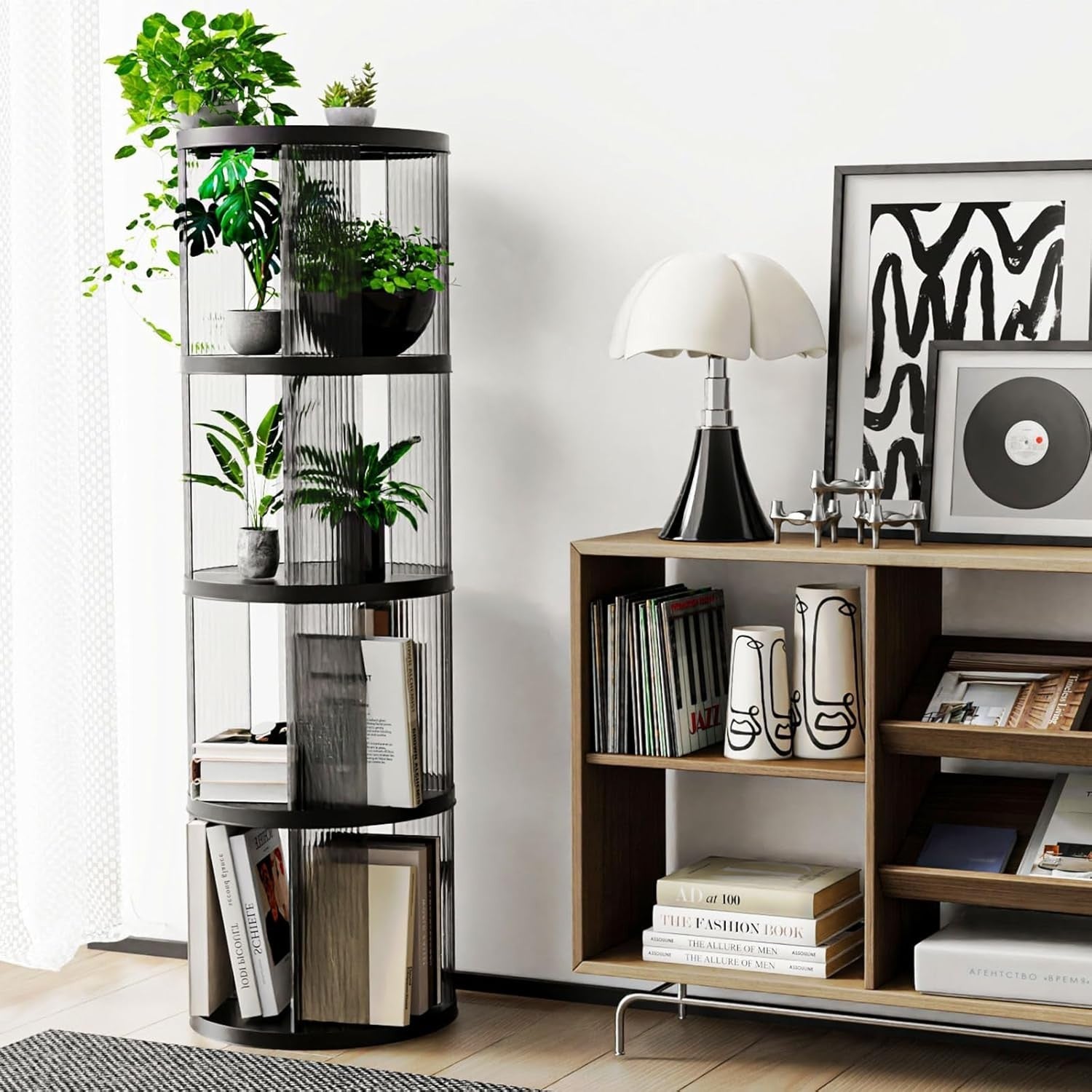 360° Rotating Round Plastic Bookshelf 4-Tier Space-Saving Floor Shelf