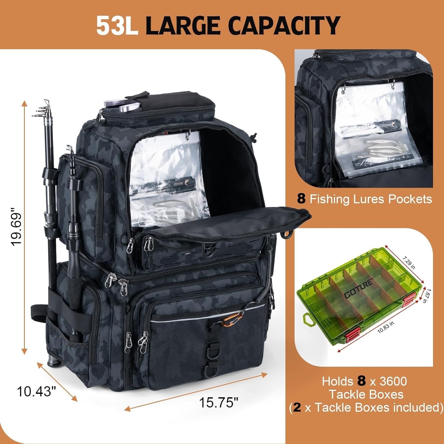 Goture 53L Insulated Fishing Tackle Bag Backpack with Rod Holders & Boxes
