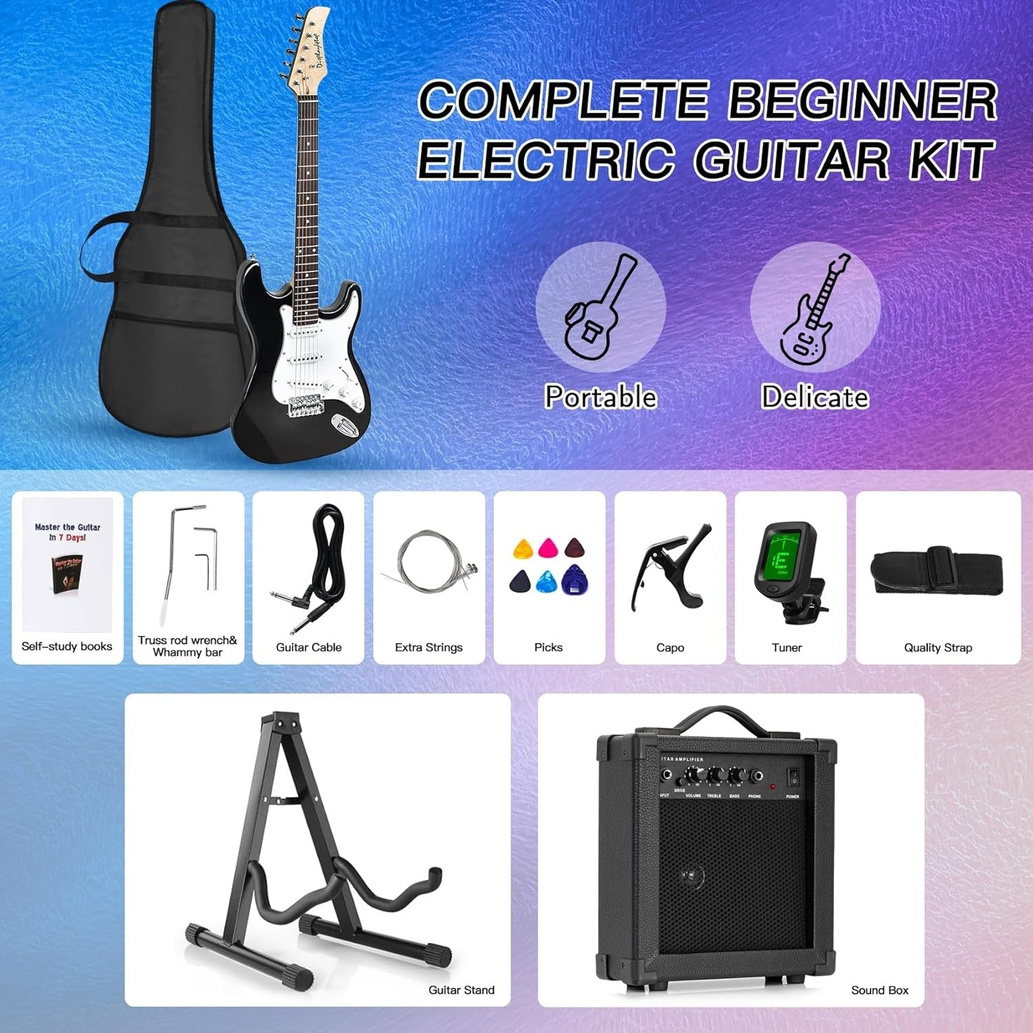 Full Size Electric Guitar Starter Kit Amp Stand Bag Tuner Black