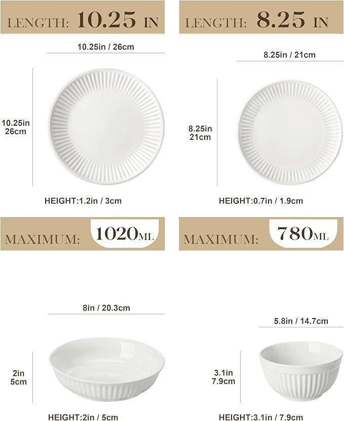 24 Piece White Dinner Set for 6 Embossed Porcelain Plates Bowls Elegant
