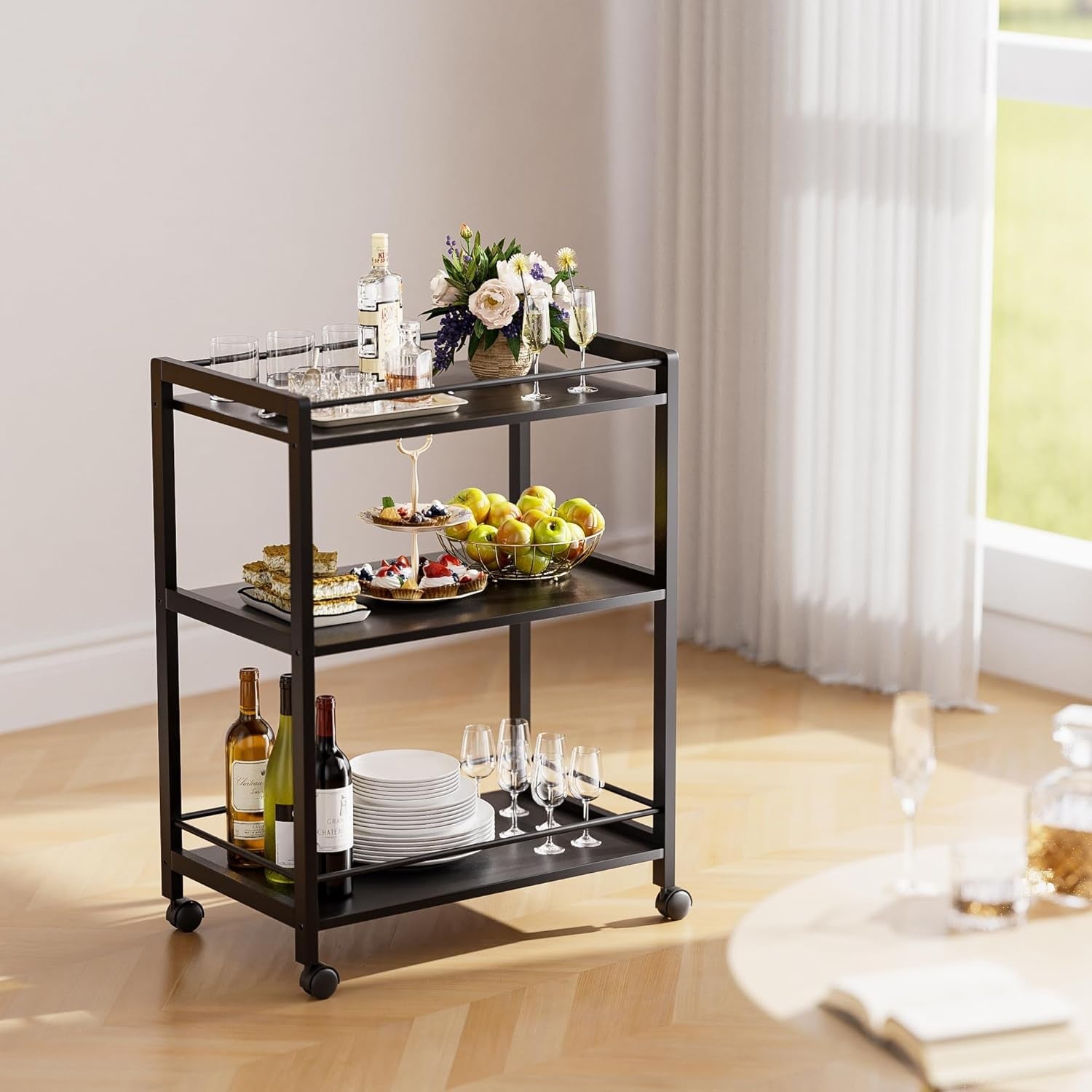 3 Tier Bar Cart Black Rolling Drinks Trolley with Storage Shelves Wheels
