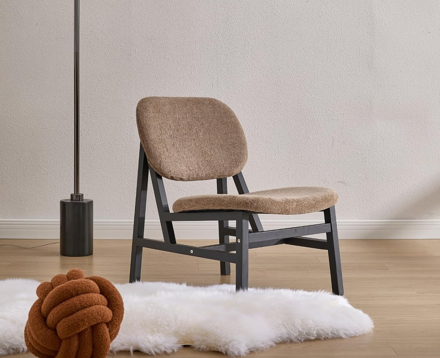 Retro Wooden Lounge Chair Chenille Fabric Armchair for Living Room Decor