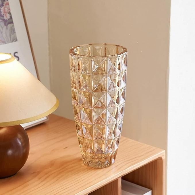 Diamond Cut Glass Vase Tall Amber Crystal Style Flower Vase Luxury Decor