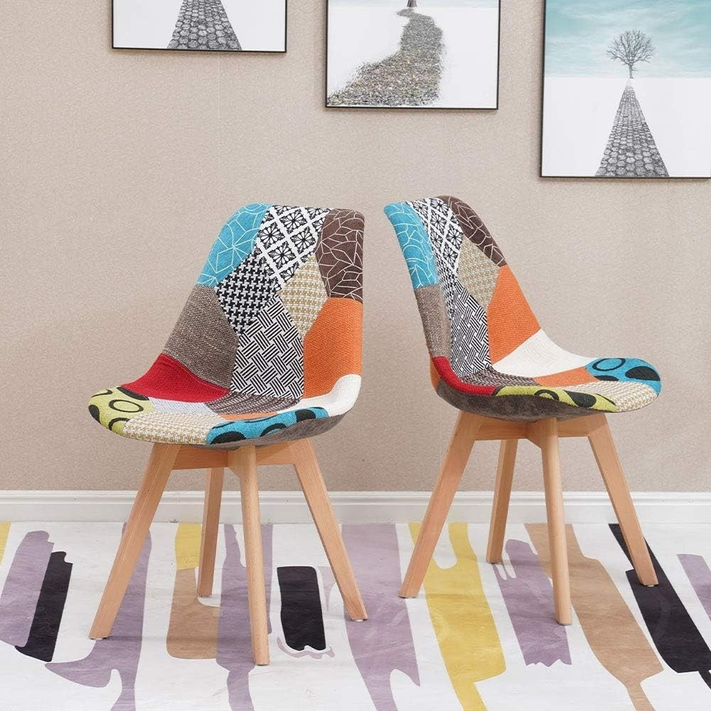 Modern Round Dining Table & 2 Patchwork Chairs Set | Solid Wood Legs