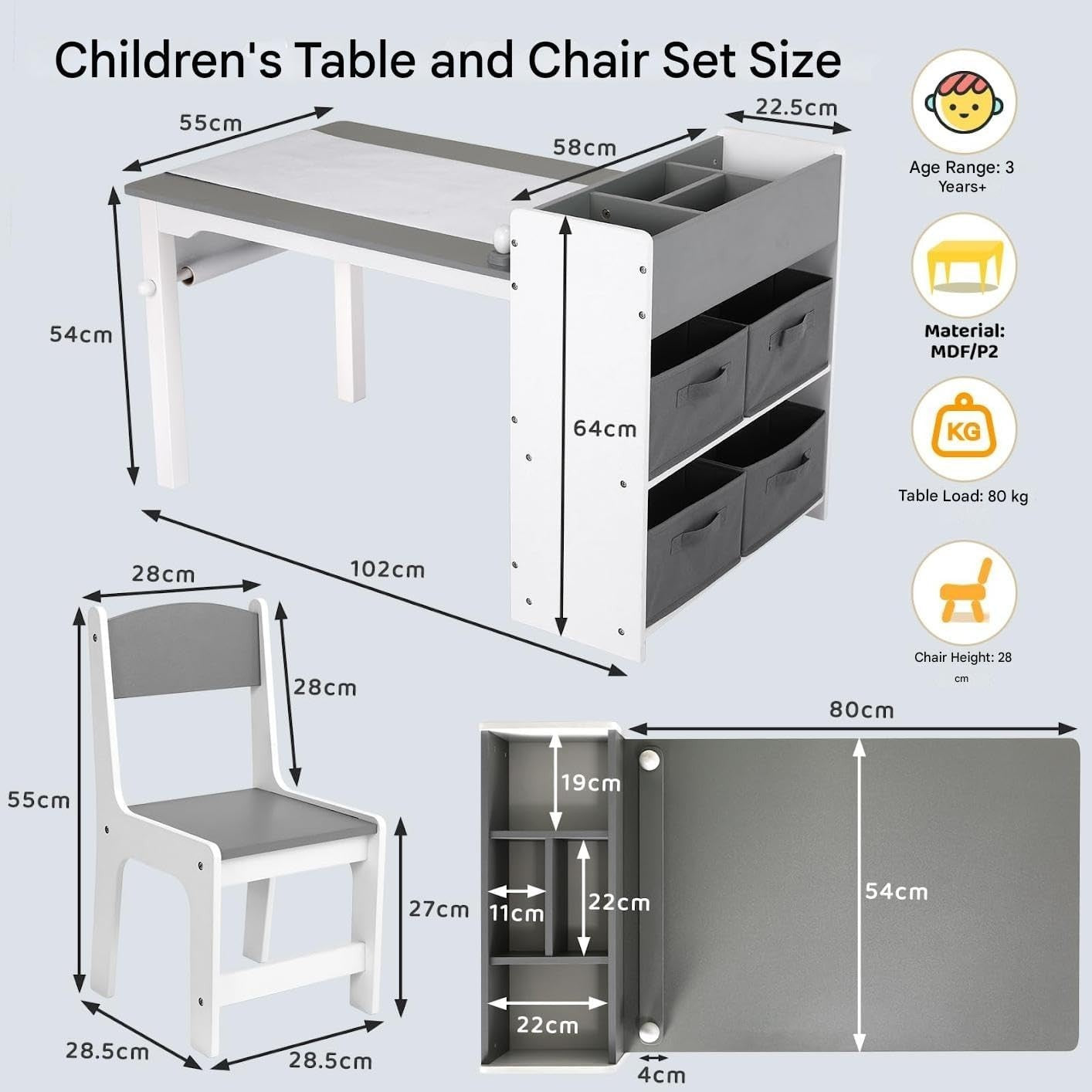 Kids Art Table & Chairs Set with Storage Boxes, Paper Roll Holder, Drawing Desk