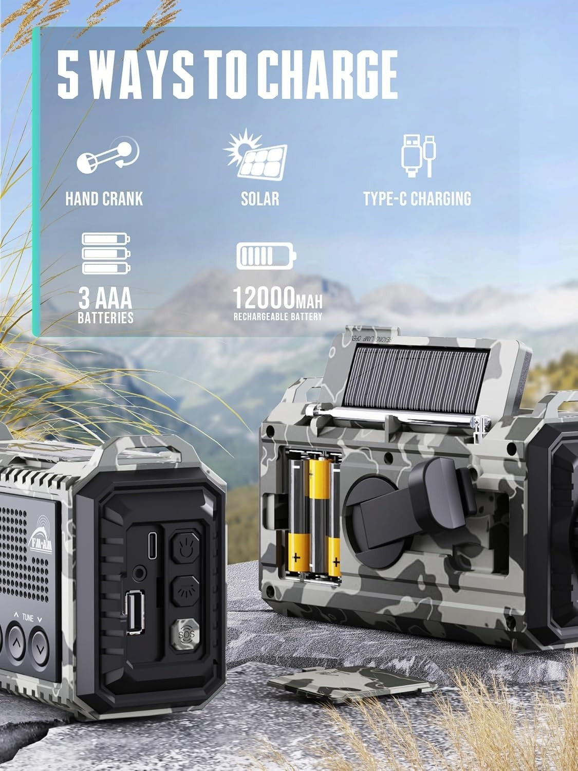 Emergency Solar Radio AM/FM/SW 12000mAh Hand Crank Waterproof Torch