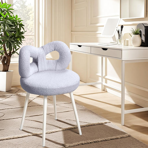 Grey Bowknot Vanity Stool Faux Wool Makeup Chair Adjustable Feet Modern