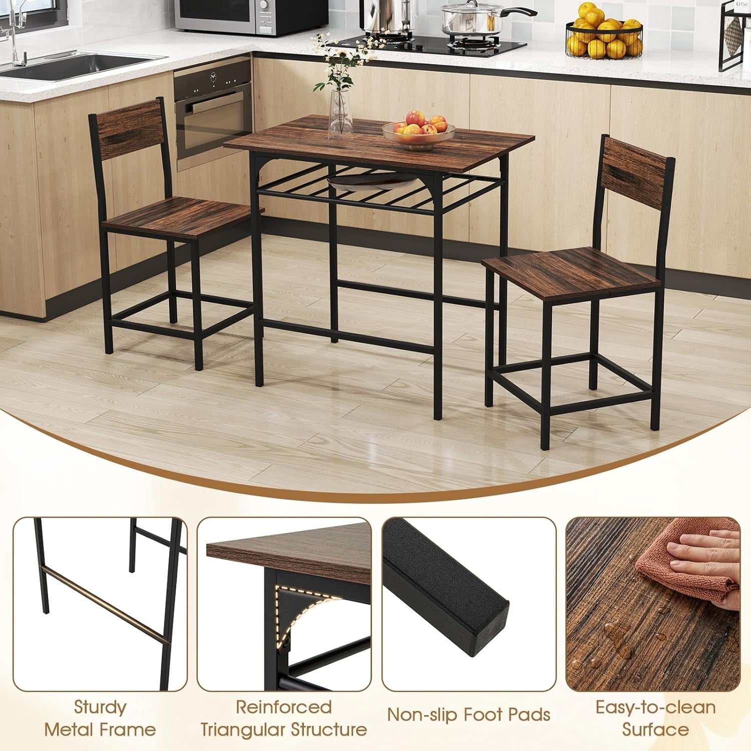 Dining Table Set Storage Rack & 2 Stools, Rustic Brown Space Saving Kitchen Set