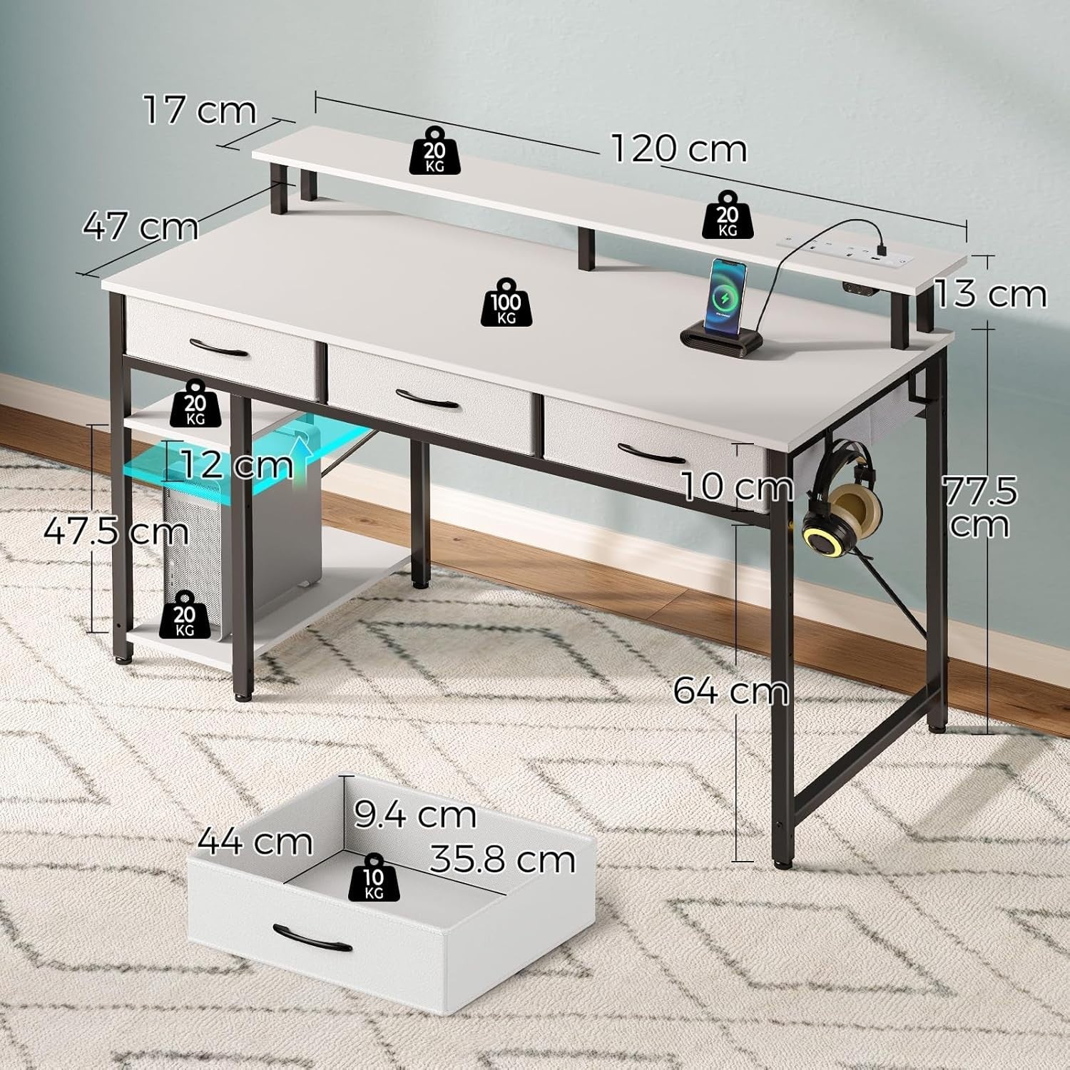 White 120cm Computer Desk with Drawers, LED Lights & Power Outlets