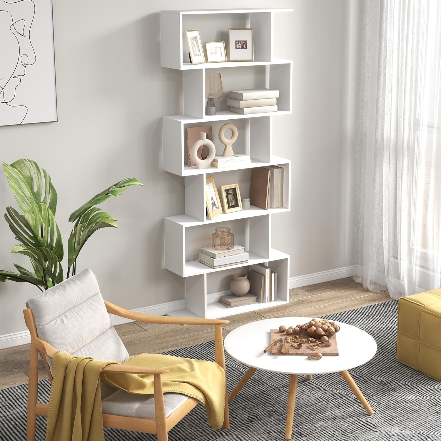 White S-Shape 6-Tier Bookcase Modern Display Shelf Room Divider Storage Unit