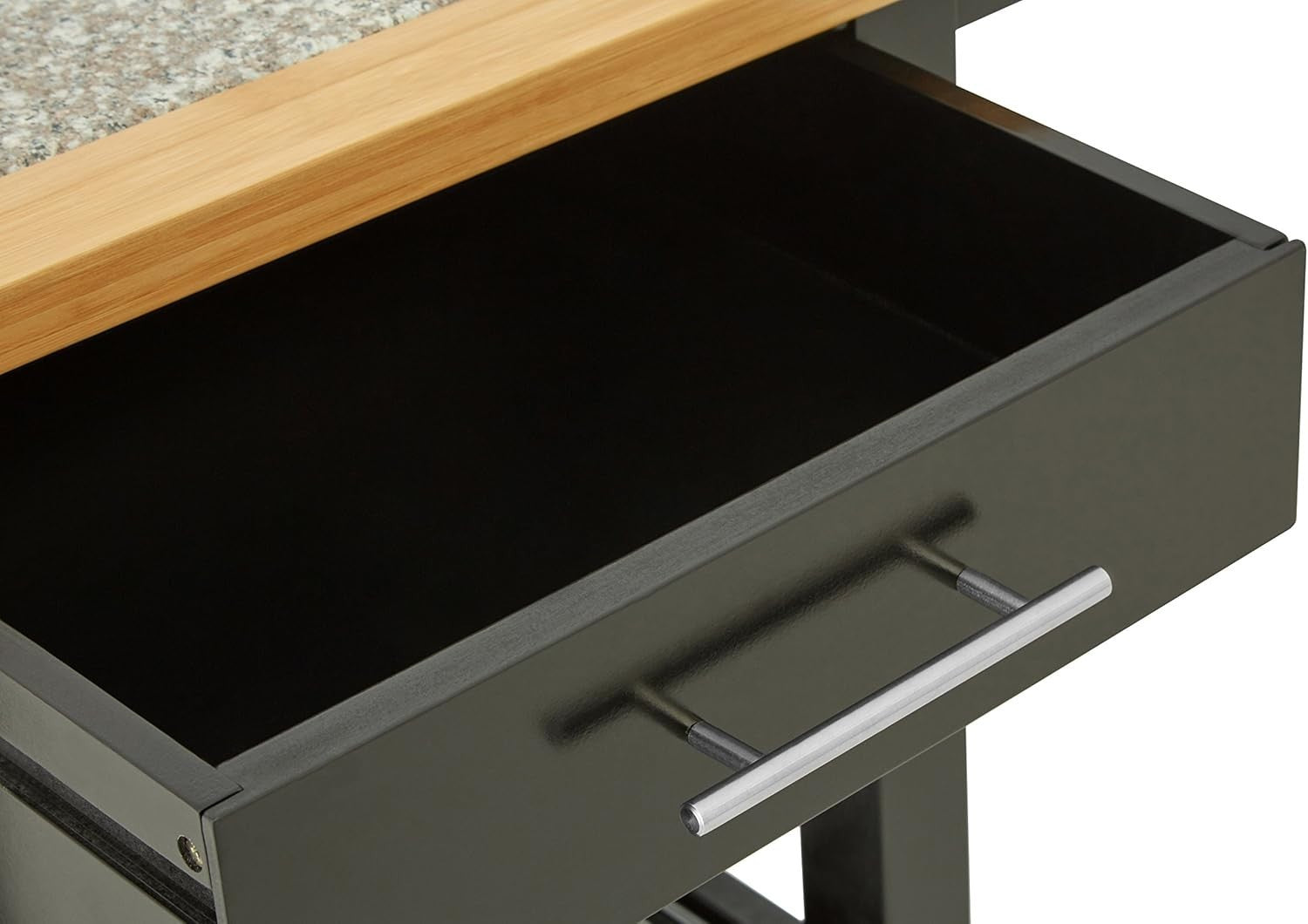Black Kitchen Trolley Granite Top Pine Wood Cart 92cm