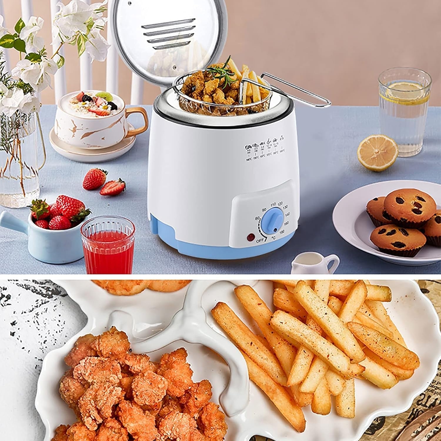 0.9L Electric Deep Fryer 600W Mini Countertop Adjustable Temp Pink