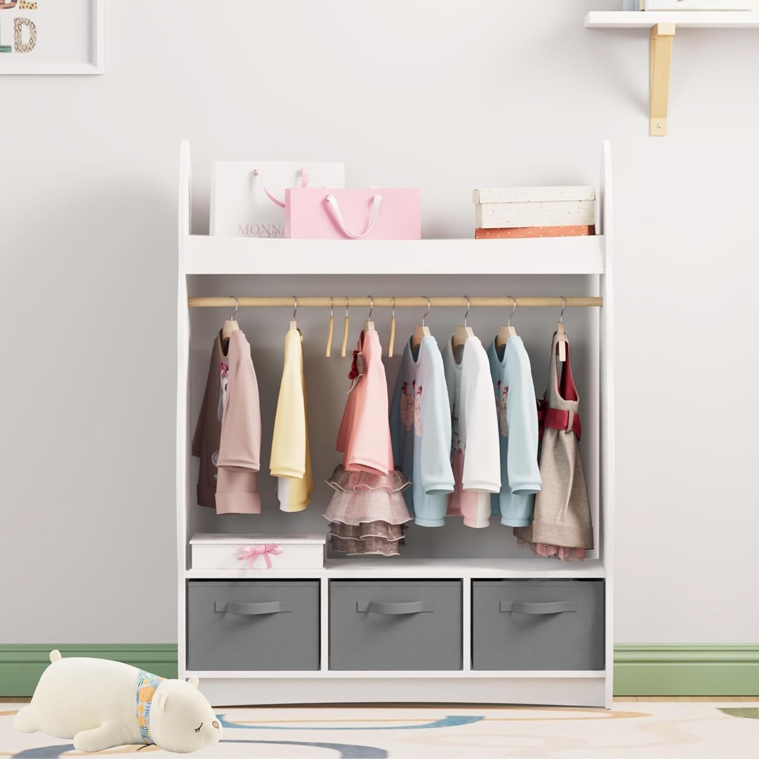 Kids Wardrobe with Mirror, Hanging Rail & 3 Drawers, White Cloud Design