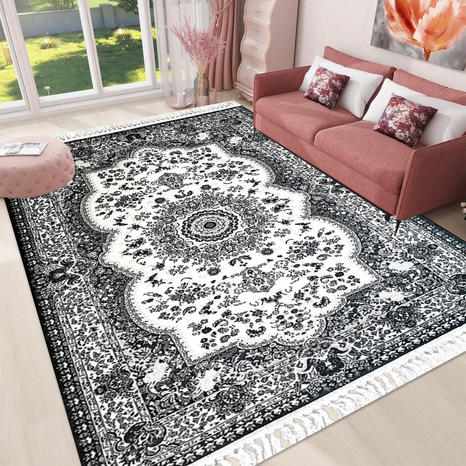 Extra Large Grey Oriental Area Rug 200x290cm Washable Low Pile Vintage Style